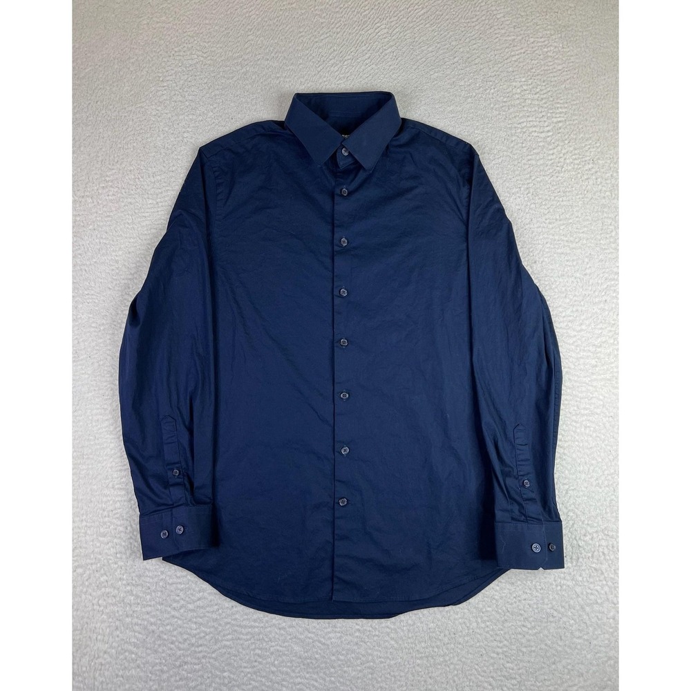 Express Dress Shirt Mens Medium Blue Solid Slim Fit Stretch Cotton Blend LS